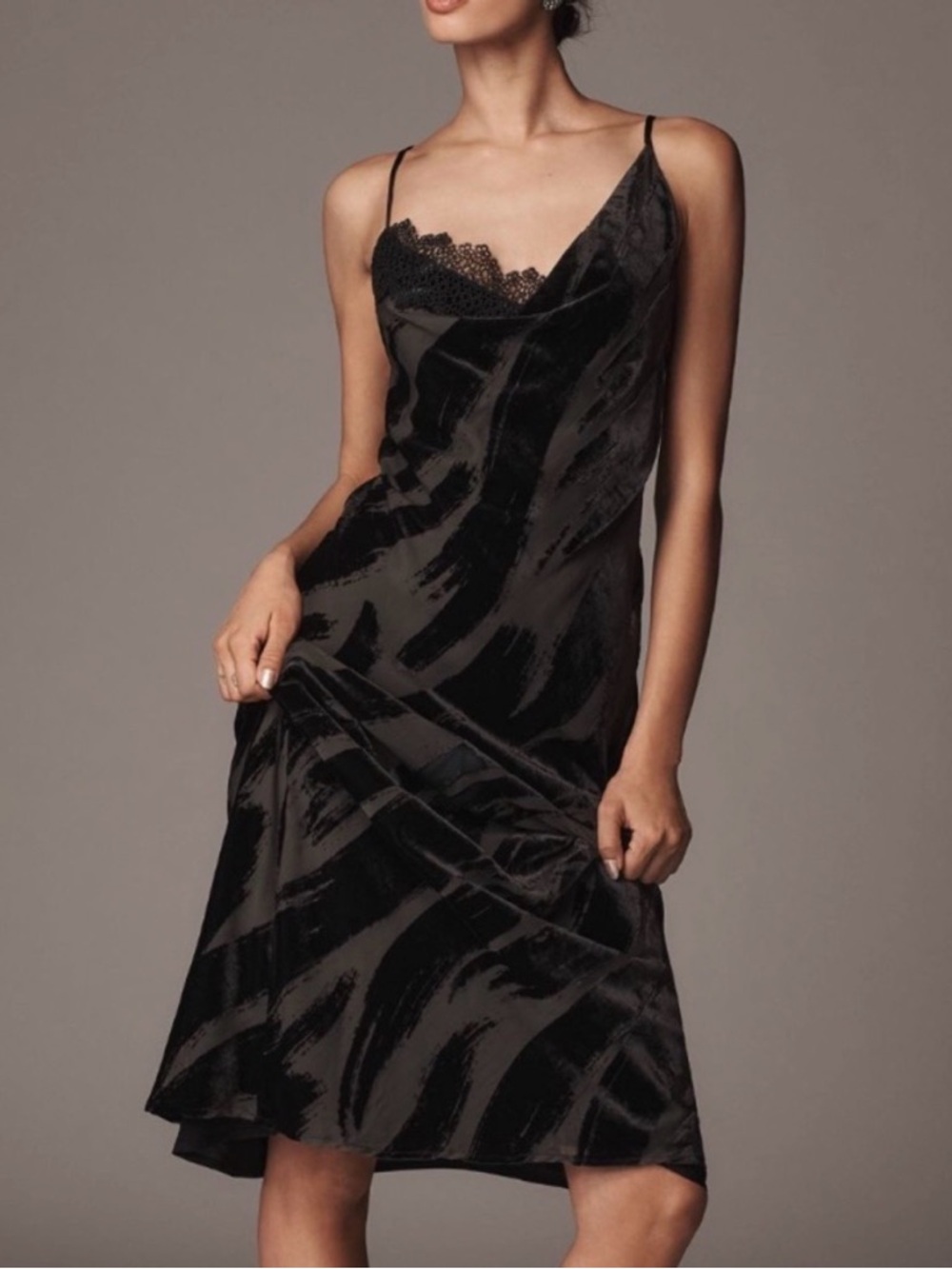 Anthropologie Black Lace-Trim Slip Midi Dress